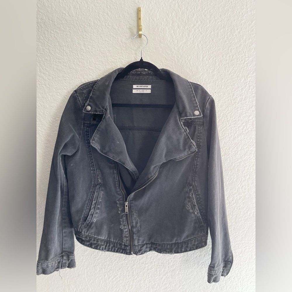 One Teaspoon Vespa Black Moto Biker Denim Jacket Distressed Washed black - Picture 3 of 11